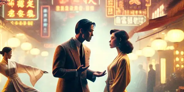 A romantic couple in 1970s attire shares a tender moment on a neon-lit Hong Kong street, surrounded by nostalgic elements.