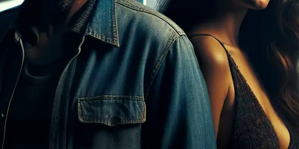 A tense, intimate moment between a middle-aged man and his neighbor's captivating wife in a dimly lit apartment.