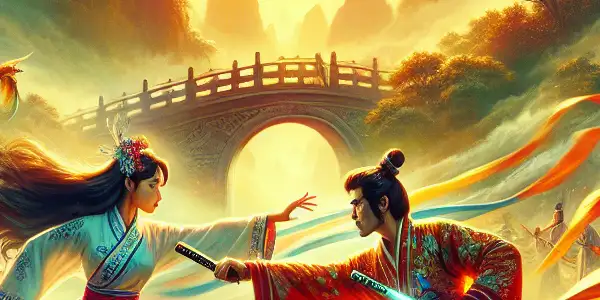 A dramatic duel between two martial artists in a traditional Chinese landscape, surrounded by misty mountains and ancient pagodas.