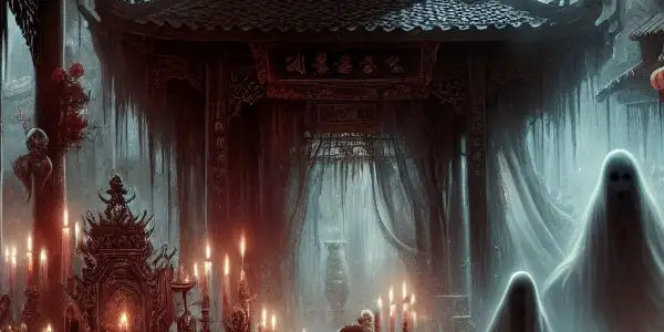 A dimly lit, eerie scene with flickering candles, shadowy figures, and a ghostly apparition in a Southeast Asian setting.