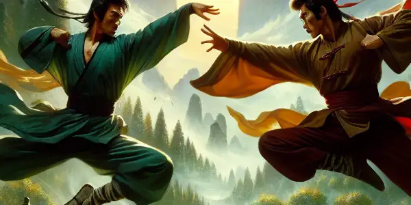 A vibrant martial arts duel between two fighters in traditional attire set in a misty forest.