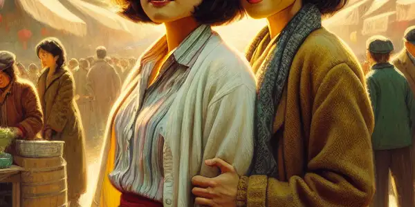 Two determined sisters stand together in a vibrant 1990s Chinese market, symbolizing resilience and hope for gender equality.