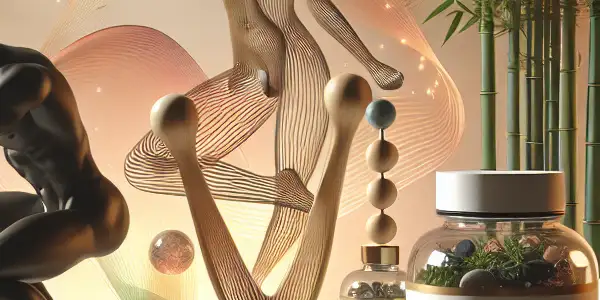 A serene wellness space featuring herbal supplements, an exercise device, and a person practicing Kegel exercises.