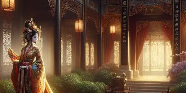 A lavish 16th-century Chinese courtyard featuring a seductive woman in an elegant silk gown amidst lush greenery.