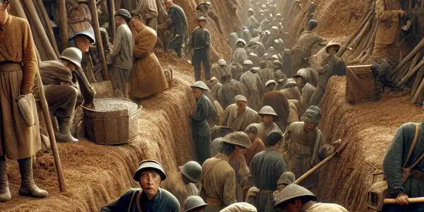 Villagers in 1960s Hebei construct underground tunnels, facing the threat of approaching Japanese soldiers.