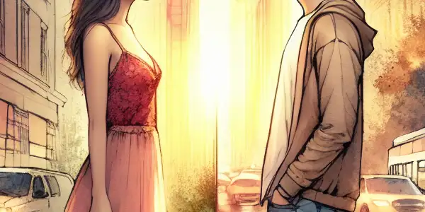 Two young lovers on a picturesque city street, surrounded by seasonal elements symbolizing their 20-year love journey.