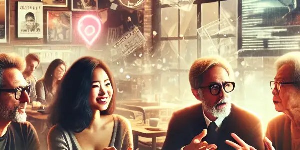 A lively café scene with diverse film enthusiasts discussing cinema over coffee, surrounded by film memorabilia and digital screens.