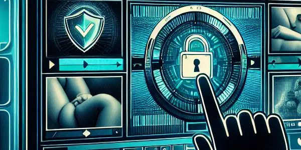 A modern digital interface showcasing a curated adult video library with security symbols and user interaction elements.