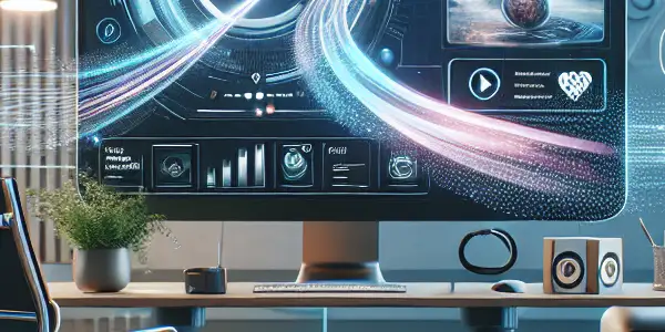 A modern office scene featuring a futuristic computer interface for managing adult video content with a professional atmosphere.