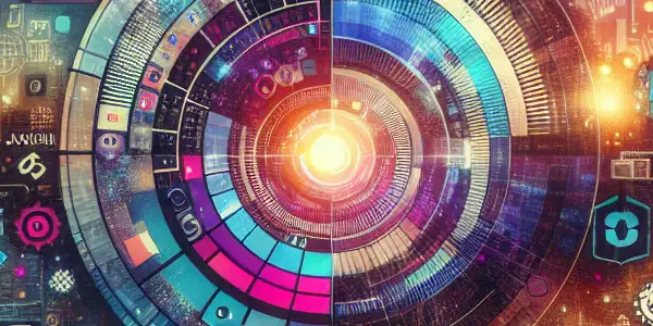 A digital collage featuring a modern computer setup with adult-themed icons, surrounded by a blurred cityscape at night.