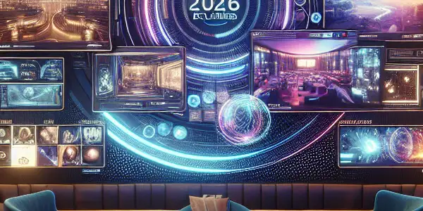 A futuristic digital lounge showcasing a sleek interface with vibrant video thumbnails and ambient lighting.