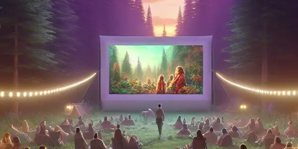 A cozy outdoor cinema in a forest clearing at dusk, filled with diverse people enjoying a film together.
