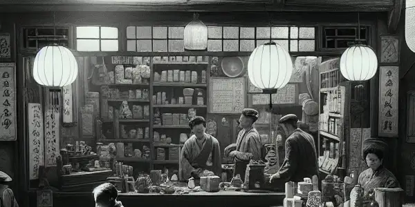 A quaint 1930s Chinese shopfront with Mr. Lin, surrounded by passersby reflecting resilience amidst societal change.