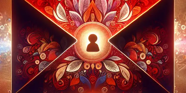 A whimsical red envelope surrounded by digital privacy symbols in a vibrant, abstract online social platform.