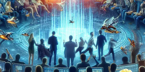 A vibrant digital landscape showcasing diverse people engaging with screens displaying real-time movie box office data and trends.