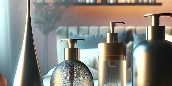 A cozy, intimate setting showcasing elegant bottles of premium erotic lubricants surrounded by soft pillows and warm lighting.