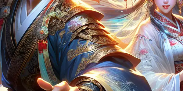 A heroic figure and an ethereal beauty connect in a surreal Chinese landscape filled with magic and emotion.