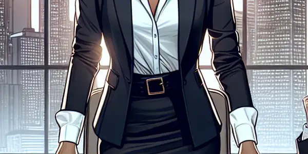 A confident female leader stands at a conference table, surrounded by engaged colleagues with a city skyline backdrop.