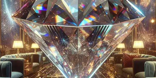 A luxurious, high-tech space featuring a diamond-shaped screen, plush seating, and ambient lighting for an exclusive viewing experience.