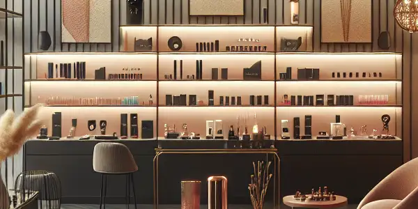 A modern, inviting interior of a high-end passion shop with elegant adult toys and plush seating.