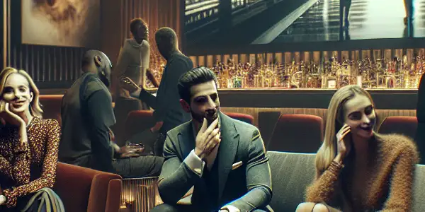 A lively lounge scene filled with diverse people discussing adult film culture in a cozy, stylish atmosphere.