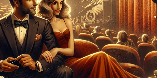 A stylish couple watches classic films in a vintage cinema, surrounded by nostalgic cinematic artifacts.