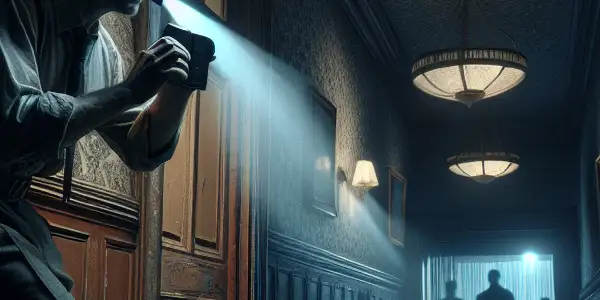 A dimly-lit apartment corridor with a mysterious landlord watching through a hidden camera, hinting at dark secrets.