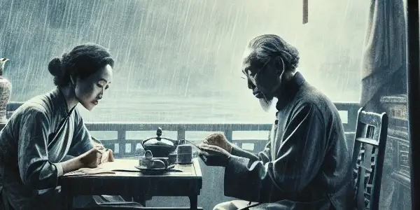 A dimly lit cabin on a riverboat with passengers reflecting on life during the Cultural Revolution.<a href=