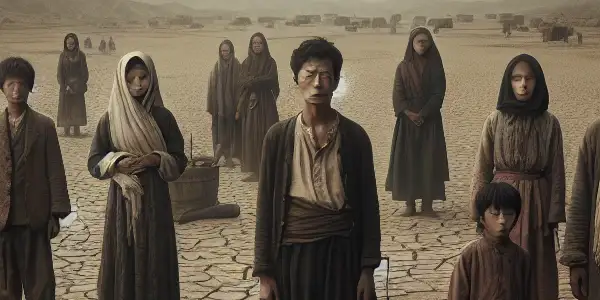 A desolate 1940s Chinese rural scene depicting weary villagers facing drought and famine, symbolizing struggle and resilience.