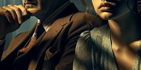 A tense yet intimate moment between a middle-aged man and a young woman in a dimly lit living room.