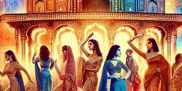 A vibrant Bollywood film set blending traditional Indian culture with modern cinema, featuring colorful costumes and lively performances.