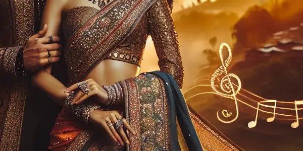 A romantic Indian couple in traditional attire stands on a hillside at sunset, embodying love and determination.