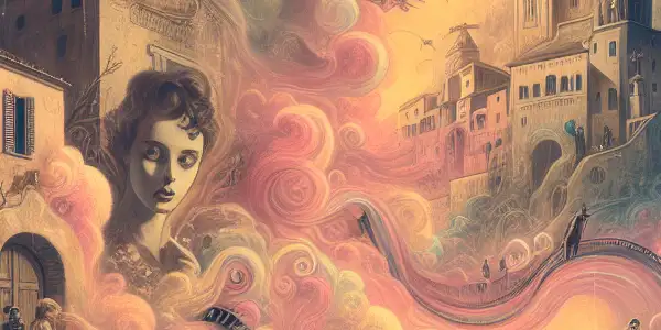 A nostalgic scene featuring a bicycle against an Italian wall, with dreamlike landscapes and whimsical characters inspired by classic cinema.