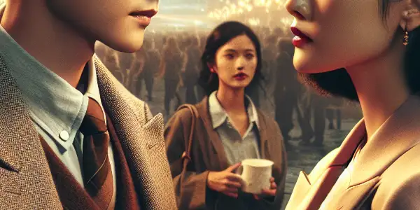 A romantic urban scene featuring a charismatic young man and an elegant woman amidst bustling city life.