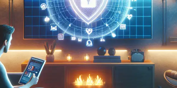 A cozy home setting featuring a person watching adult films on a high-definition screen, emphasizing comfort and cybersecurity.