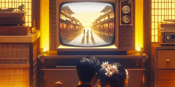 A cozy vintage Japanese room with a couple on a tatami mat, surrounded by nostalgic 1980s memorabilia and cherry blossoms.