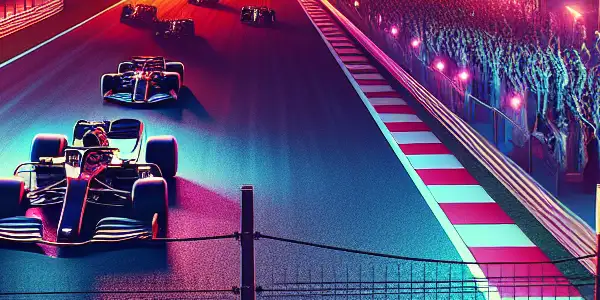A sleek Formula 1 car races on a neon-lit track, surrounded by stylish spectators under a dramatic sunset.