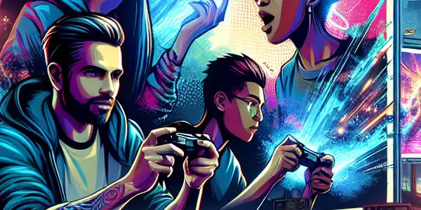 A vibrant neon-lit cityscape with diverse characters engaged in an interactive gaming experience inspired by Japanese adult films.