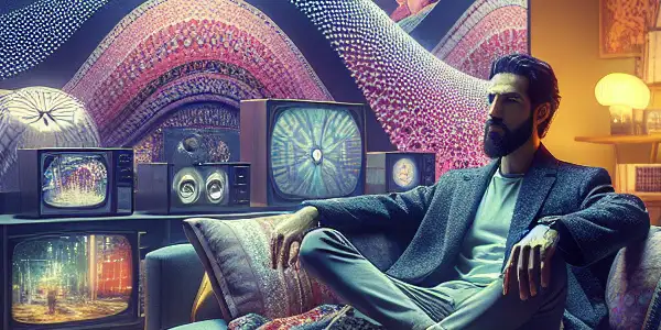 A modern living room featuring an individual exploring various forms of adult entertainment media.