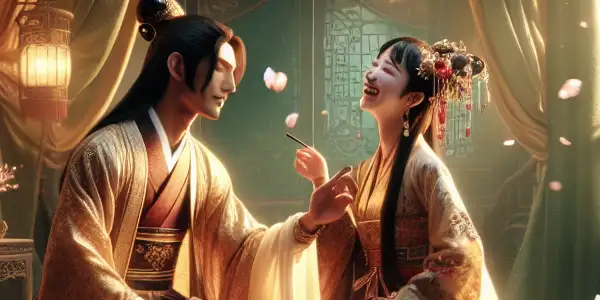 A romantic scene in an opulent ancient Chinese room with two elegantly dressed characters and cherry blossom petals.