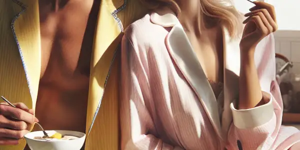 A young couple shares a romantic breakfast in a sunlit kitchen, radiating intimacy and warmth.