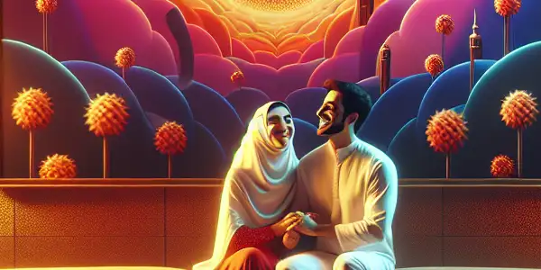 A cozy living room with a couple enjoying abstract visuals, emphasizing safety in adult entertainment.