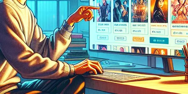 A cozy home office scene featuring a person shopping online for Japanese adult films with cultural decor.