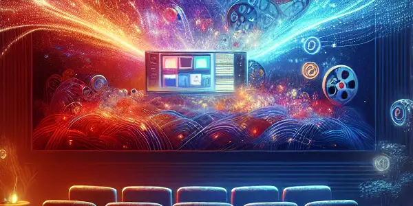 A cozy home theater scene with a large screen, abstract film imagery, and elements of internet security.