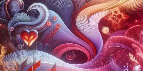 A vibrant movie theater scene showcasing diverse audiences enjoying a stylized romantic film, with elements of Western and Japanese adult cinema.