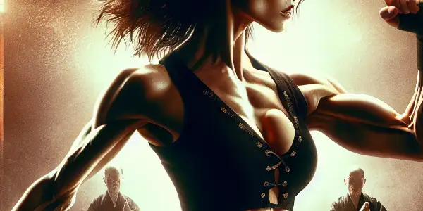 A strong female fighter in a dynamic pose, surrounded by cherry blossoms in a dimly lit dojo.