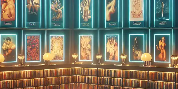 A modern digital library filled with vibrant movie posters for adult films and Japanese AV movies.