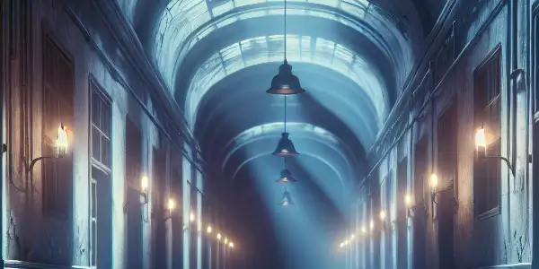 Eerie dimly lit corridor in an abandoned mental hospital with ghostly figures and ominous shadows.