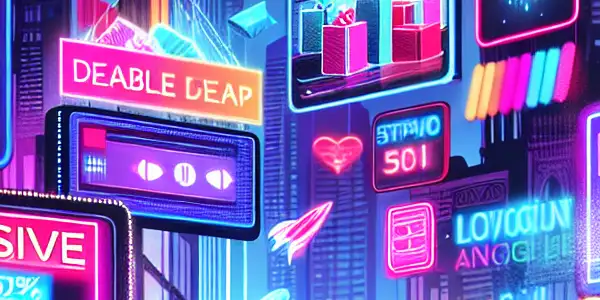 A vibrant digital landscape promoting adult entertainment with neon lights, diverse individuals, and enticing deals on films.