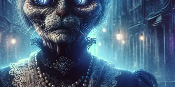 A mysterious cat-faced woman in tattered Victorian clothing lurks in a dimly lit, misty urban alley.